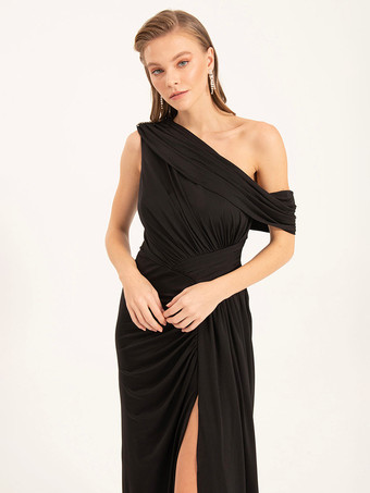 イブニングドレス マーメイド ワンショルダー ポリエステル フロアレングス プリーツ フォーマル パーティードレス