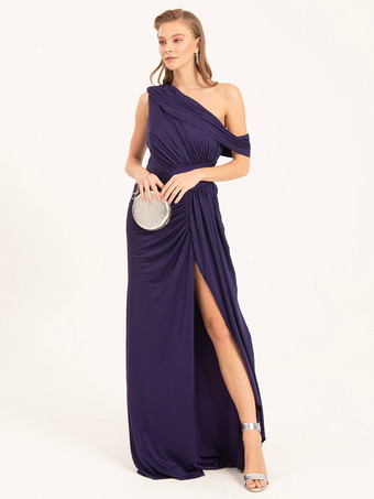 イブニングドレス マーメイド ワンショルダー ポリエステル フロアレングス プリーツ フォーマル パーティードレス