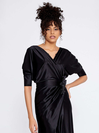 Abito da sera a sirena con scollo a V seta elastica come raso applique al pavimento abiti da festa sociale