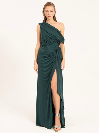 ダークグリーンイブニングドレス マーメイド ワンショルダー ポリエステル フロアレングス プリーツ フォーマル パーティードレス