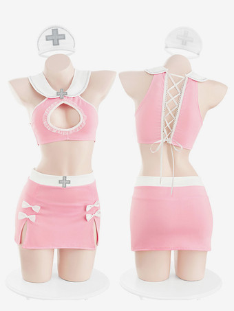 セクシーなナースコスチューム ハロウィン ピンク レディース ポリエステルセット Tバック ヘッドウェア