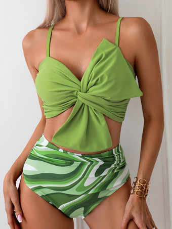 グラスグリーントロピカルプリントビキニ ノットフロント スパゲッティストラップ ハイウエスト 2点セット