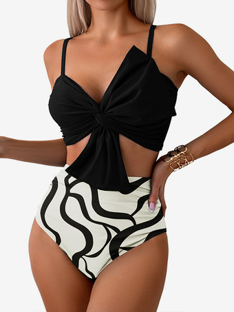 ホワイト トロピカルプリントビキニ ノットフロント スパゲッティストラップ ハイウエスト 2点セット