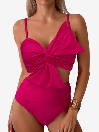 ローズレッドトロピカルプリントビキニ ノットフロント スパゲッティストラップ ハイウエスト 2点セット