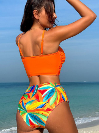 トロピカルプリントビキニ ノットフロント スパゲッティストラップ ハイウエスト 2点セット