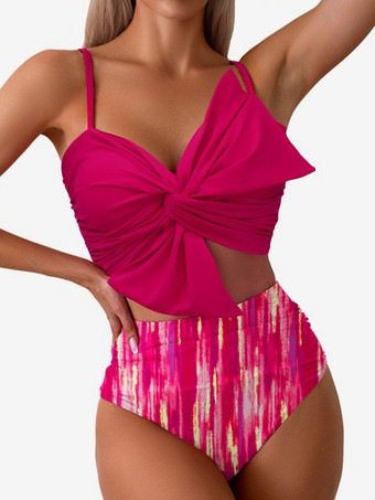 ピーチトロピカルプリントビキニ ノットフロント スパゲッティストラップ ハイウエスト 2点セット