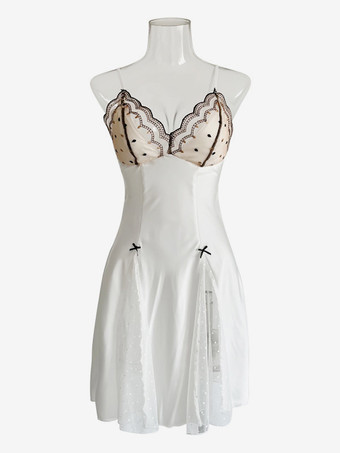 ナイトガウン スパゲッティストラップ ドット セクシーなナイトガウン ホワイト