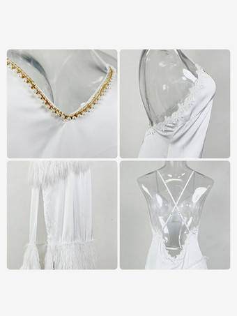 ロングナイトガウン フェザー スパゲッティ ストラップ バックレス ナイトガウン