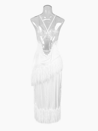 ロングナイトガウン フェザー スパゲッティ ストラップ バックレス ナイトガウン