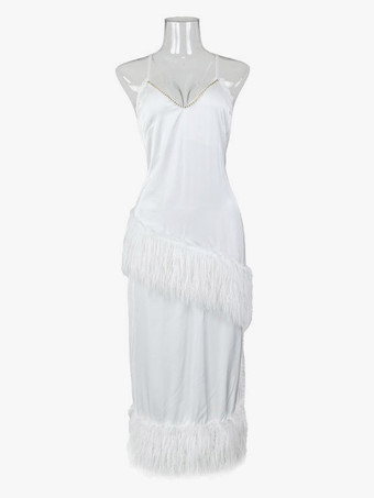 ロングナイトガウン フェザー スパゲッティ ストラップ バックレス ナイトガウン