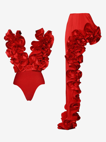 シックな赤いドレス、フリル、ノースリーブ、バックレス、アシンメトリーなパーティーミニドレス