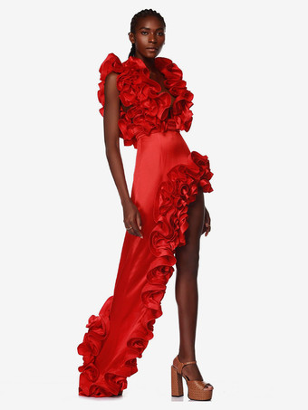 シックな赤いドレス、フリル、ノースリーブ、バックレス、アシンメトリーなパーティーミニドレス