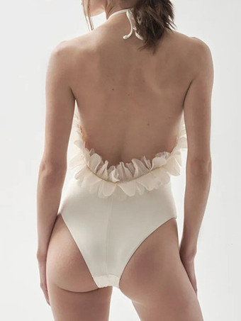 セクシーな水着 ホルターネック オープンバック フリルトリム バケーション ビーチ 1ピース水着