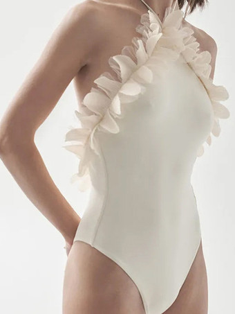 セクシーな水着 ホルターネック オープンバック フリルトリム バケーション ビーチ 1ピース水着