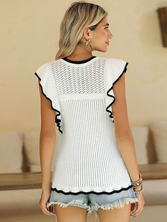 シックなビスコースキャミソールトップ フリル 中空ラウンドネック 夏用カジュアルキャミソール