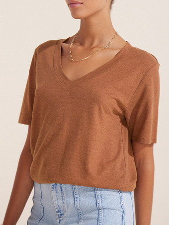 ブラウン コットンTシャツ 半袖 Vネック スタイリッシュ カジュアル 夏 レディースTシャツ