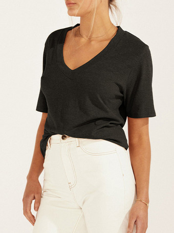 ブラック コットンTシャツ 半袖 Vネック スタイリッシュ カジュアル 夏 レディースTシャツ