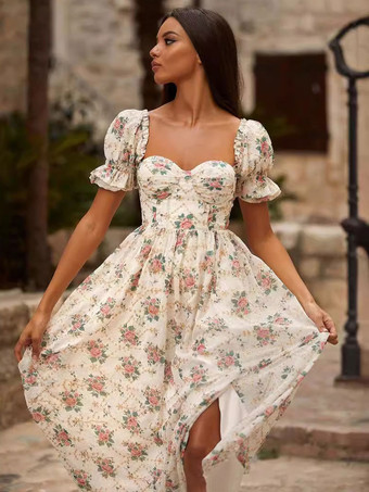 コルセットドレス スクエアネック フリル レースアップバック サマーコテージコアミディドレス