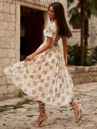 コルセットドレス スクエアネック フリル レースアップバック サマーコテージコアミディドレス