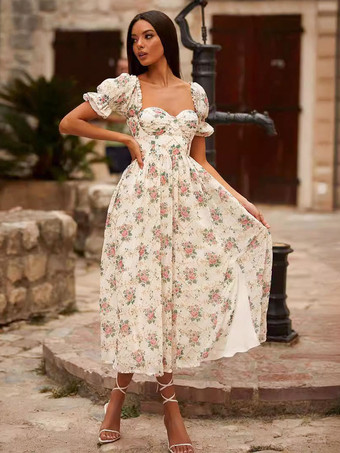 ホワイト コルセットドレス スクエアネック フリル レースアップバック サマーコテージコアミディドレス