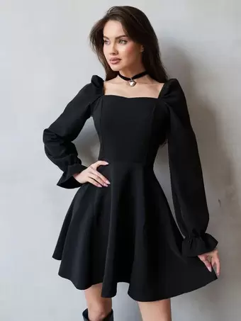 Black Dress Convertible Long Sleeves Elegant Graduation Short Swing Dresses  - Milanoo.com