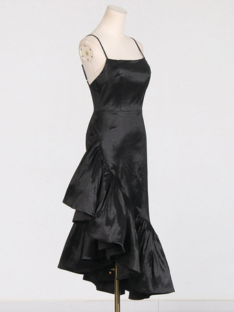 アシンメトリードレス スパゲッティストラップ フリル バックレス エレガント パーティー ミディドレス