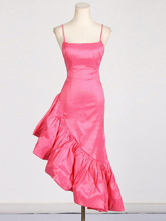 ピーチアシンメトリードレス スパゲッティストラップ フリル バックレス エレガント パーティー ミディドレス