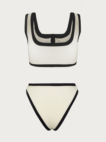スポーティビキニ コントラストエッジ ボタン スクエアネック ビーチ 2点セット