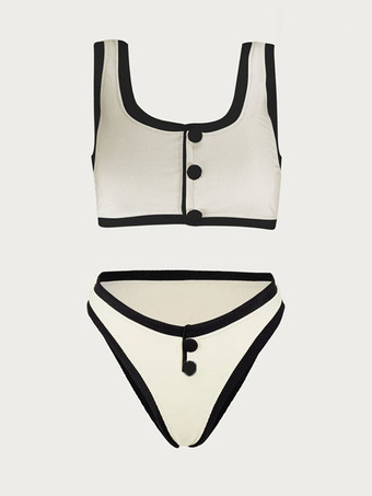 スポーティビキニ コントラストエッジ ボタン スクエアネック ビーチ 2点セット