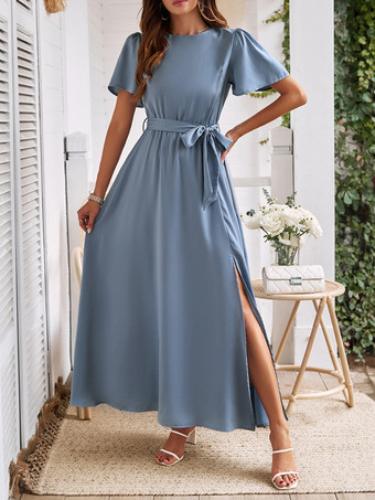 グレーブルーAラインドレス 半袖 ラウンドネック ベルト付き ハイスリット カジュアル マキシドレス