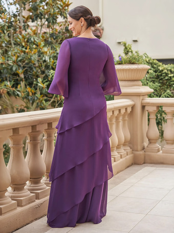 花嫁の母親のためのパーティードレス Vネック 半袖 Aライン フリル フロアレングス ウェディングゲストドレス