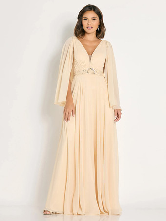 シャンパンブライダルマザードレス Vネック ノースリーブ Aライン サッシュ ゲストドレス 結婚式用