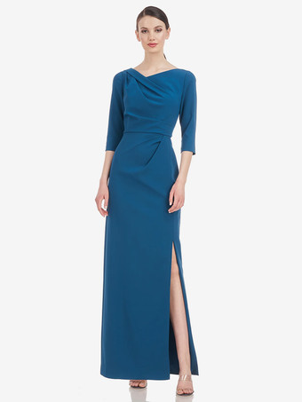 ブルーブライダルマザードレス デザインネックライン ハーフスリーブ シース プリーツ フロアレングス ウェディングゲストドレス