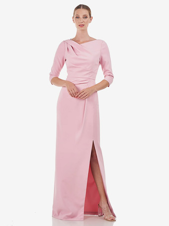 ピンクブライダルマザードレス デザインネックライン ハーフスリーブ シース プリーツ フロアレングス ウェディングゲストドレス