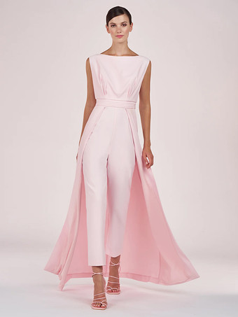 マザードレス ジュエルネック ノースリーブ ジャンプスーツ プリーツ 足首丈 ゲストドレス 結婚式用