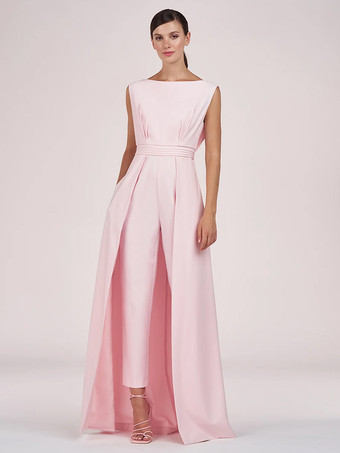 ソフトピンクマザードレス ジュエルネック ノースリーブ ジャンプスーツ プリーツ 足首丈 ゲストドレス 結婚式用