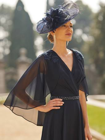 花嫁の母親のためのパーティードレス Vネック 半袖 Aライン サッシュ ティー丈 結婚式用ゲストドレス