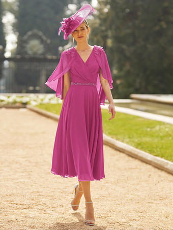 ローズレッド花嫁の母親のためのパーティードレス Vネック 半袖 Aライン サッシュ ティー丈 結婚式用ゲストドレス