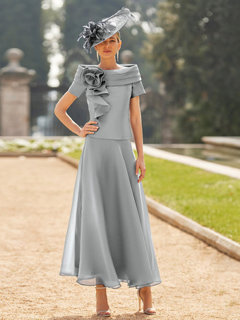 ライトグレーマザードレス バトーネック 半袖 ツーピース 花柄 足首丈 ウェディングゲストドレス