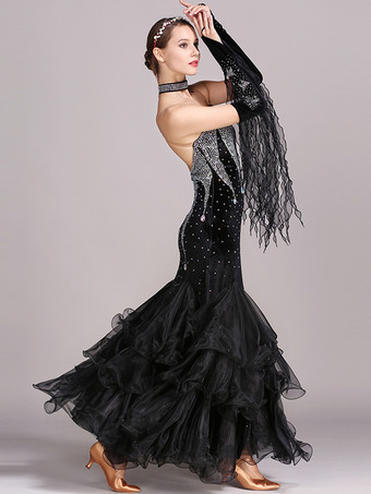 社交ダンス衣装 バーガンディ レディース セクシー ストラップ ネック ポリエステル ドレス レース ラインストーン ダンスウェア