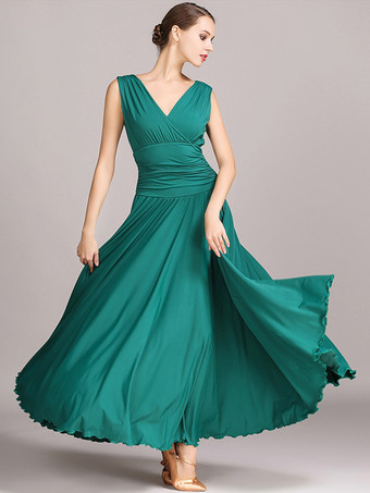 社交ダンス衣装 ブラック レディース エレガント Vネック ポリエステルドレス プリーツレイヤードダンスドレス