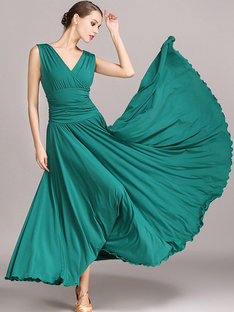 ダークグリーン社交ダンス衣装 ブラック レディース エレガント Vネック ポリエステルドレス プリーツレイヤードダンスドレス