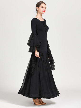 社交ダンス衣装 ブラック レディース エレガント 透明 レース ジュエルネック シフォン ドレス レース フリル レイヤード ダンスドレス