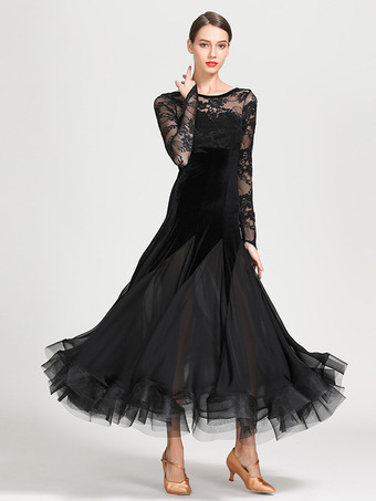 社交ダンス衣装 ブラック レディース エレガント 透明 レース ジュエルネック シフォン ドレス レース フリル レイヤード ダンスドレス