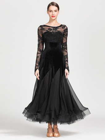 ブラック 社交ダンス衣装 ブラック レディース エレガント 透明 レース ジュエルネック シフォン ドレス レース フリル レイヤード ダンスドレス