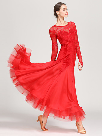 社交ダンス衣装 ブラック レディース エレガント 透明 レース ジュエルネック シフォン ドレス レース フリル レイヤード ダンスドレス