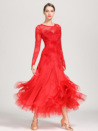 社交ダンス衣装 ブラック レディース エレガント 透明 レース ジュエルネック シフォン ドレス レース フリル レイヤード ダンスドレス