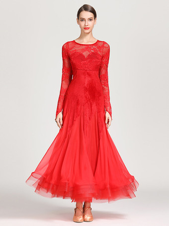 レッド 社交ダンス衣装 ブラック レディース エレガント 透明 レース ジュエルネック シフォン ドレス レース フリル レイヤード ダンスドレス