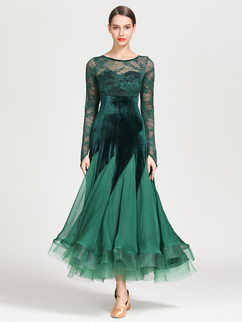 ダークグリーン社交ダンス衣装 ブラック レディース エレガント 透明 レース ジュエルネック シフォン ドレス レース フリル レイヤード ダンスドレス