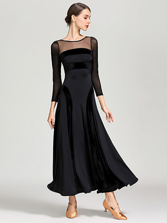 社交ダンス衣装 ブラック レディース セクシー 透明 ジュエルネック ポリエステルドレス レイヤードダンスドレス